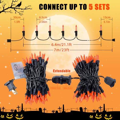 HEYFUNi 21ft Orange Halloween String Lights - 100 LED Mini Lights with Black Wire & Extra Fuses