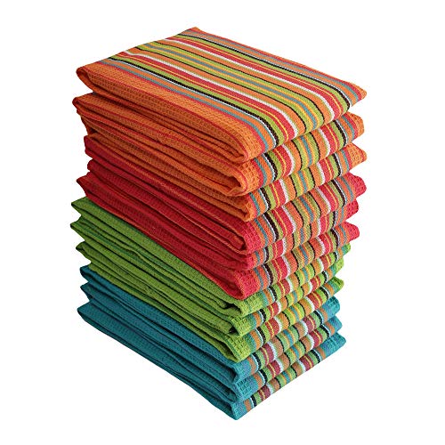 Set of 12 Salsa Style Cotton Kitchen Dish Towels - 16x28 Inches, Multi Purpose Absorbent Waffle Tea Towels