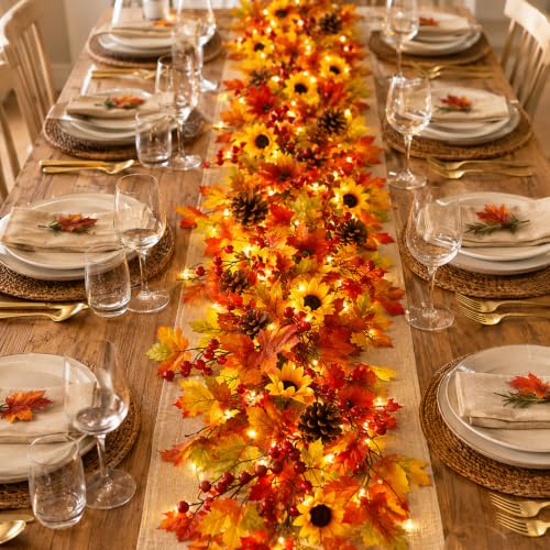 Fall Leaf Garland with Lights - 13.2ft Autumn Decor for Indoor & Outdoor
