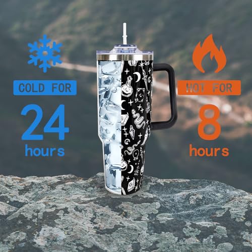 40oz Gothic Travel Tumbler with Handle & Straw - Halloween Gift, Black & Goth Variation