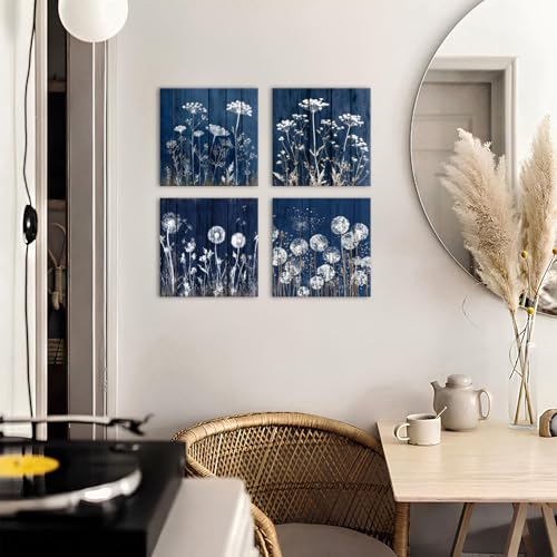 12x12 Inch Navy Blue Dandelion Wall Art Set - Rustic Botanical Canvas Prints - Farmhouse Boho Decor