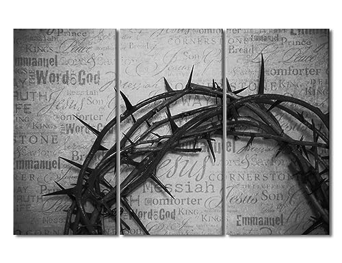 Religious Wall Art Canvas - The Holy Bible Crown Thorns, 3 Panels, 28x14 Each - Black & White Home Decor