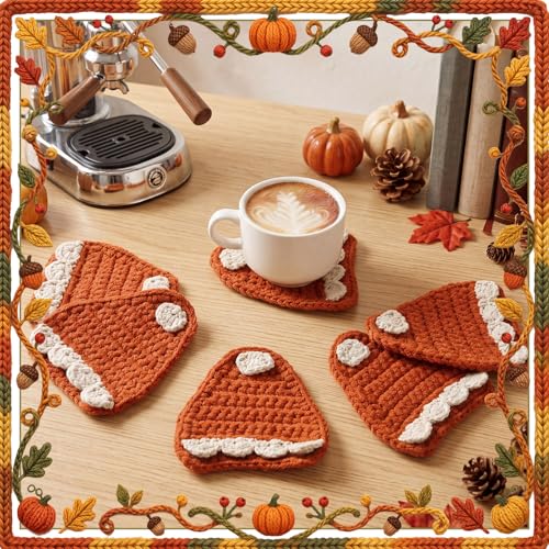 Fall Pumpkin Pie Crochet Coasters Set of 6 Handmade Autumn Decor