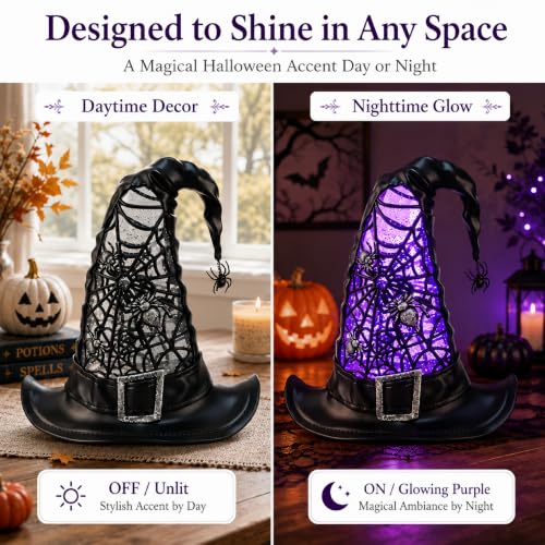 Halloween Snow Globe Lighted Witch Hat Decor - Purple LED Glitter Water Globe - Witch Hat Variation