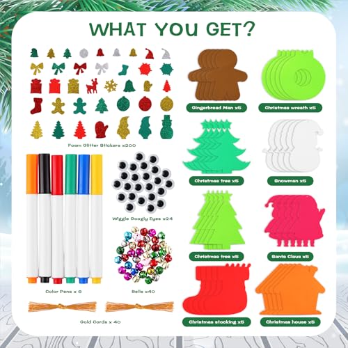 Christmas Crafts Kit with Foam Ornaments and Decorations - Xmas Tree Snowman Gingerbread Man Variation