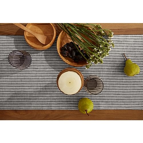 Pure Linen Table Runner 14x108 Inches - Black & White Narrow Stripe — Handcrafted, Elegant Dining Decor