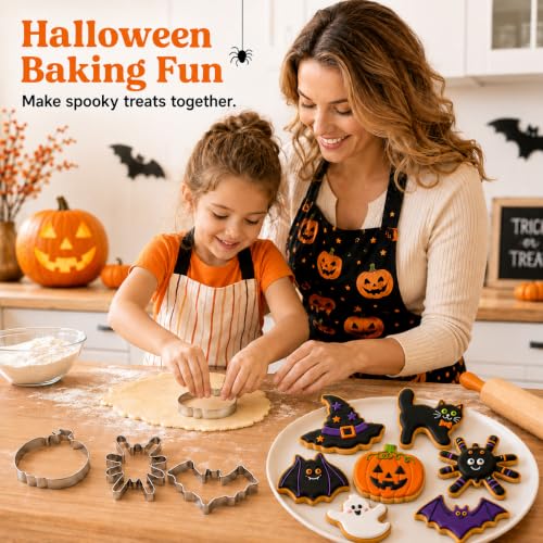 Halloween Cookie Cutter Set 7 Pieces Ghost Bat Pumpkin Cat Witch Hat Spider Food Grade Stainless Steel