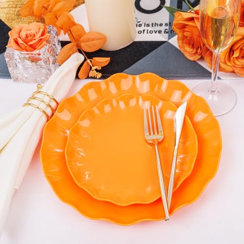 Reusable Orange Plastic Dinner & Dessert Plates Set for 12 Guests - Fall & Holiday Tableware with Lotus Edge