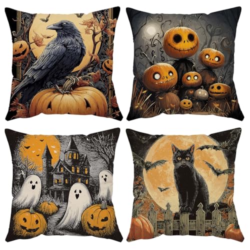 Halloween Pillow Covers Set of 4 20x20 Inch Velvet Ghost Pumpkin Cat Decor - Variation of THIS listing