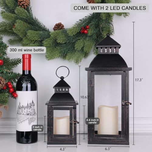 Black Metal LED Lanterns Set of 2 - Large & Medium Outdoor Indoor Decor with Bronze Brush - No Glass