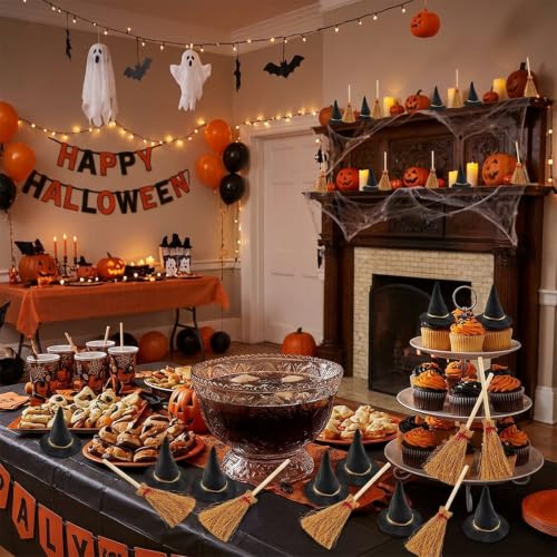 Mini Witch Hat and Broom Set for Halloween Decorations - 24PCS