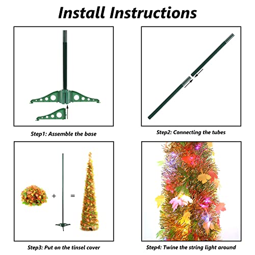 5ft Pop Up Tinsel Tree with LED Lights - Artificial Maple Fall Decor Yellow