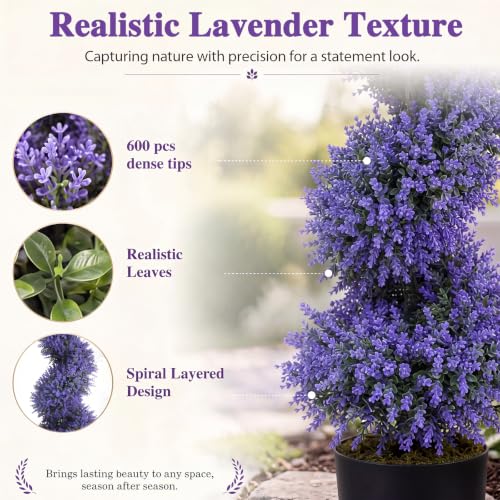 3ft Artificial Topiary Spiral Tree with Lavender Set of 2 - Outdoor Faux Bushes