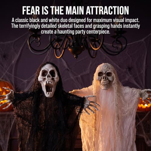 Halloween Hanging Ghost Decorations - 2 Pack, 17.7 Inch Skeleton Ghosts with Tattered Gauze & Bendable Arms for Yard Porch Haunted House