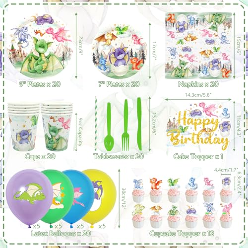 Dragon Party Supplies Set for 20 Guests - Birthday Backdrop Plates Cups Napkins Balloons
