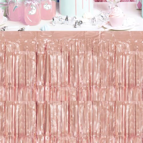 2 Pack Rose Gold Foil Fringe Table Skirts for Party Decorations - 29.5x108 Inch