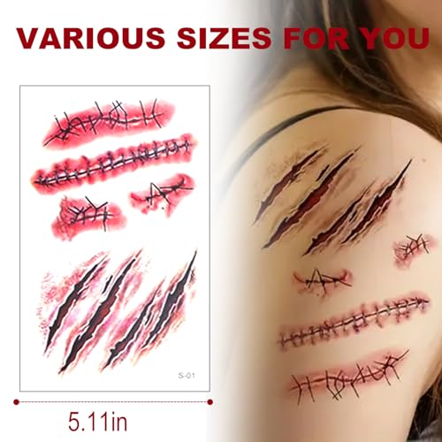 Halloween Zombie Wound Scar Temporary Tattoos Waterproof Body Stickers - 10 Sheets