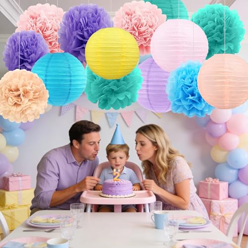 Macaron Tissue Hanging Paper Flowers Lanterns Party Decorations Set - 18 Pack