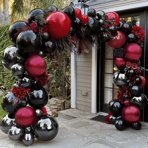 Double Stuffed Black Red Burgundy Balloon Garland Kit for Gothic Halloween Party - Variation: Black Red Burgundy