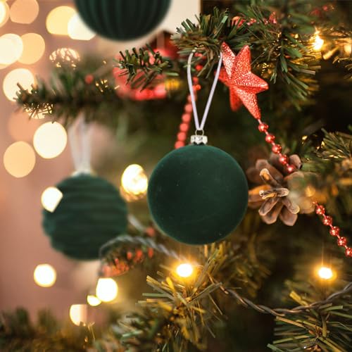 Velvet Christmas Ornaments Balls Flocked Holiday Decor - Green, Set of 12 - Variation F