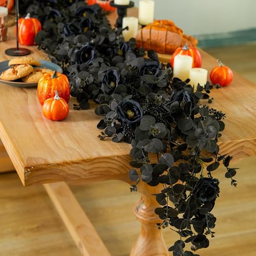 Black Garland with Flowers - 6.56ft Halloween Decorations with 8 Roses - Indoor Outdoor Wall Backdrop - Black / 1PC