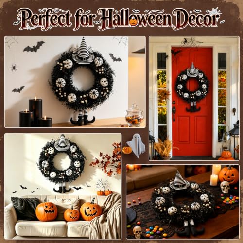 Halloween Wreath with Striped Hat and Legs - 22 Inch Gothic Front Door Decor (Variation: Hat Legs / 22")