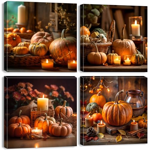 Fall Pumpkin Wall Art Canvas Prints - 12x12in 4-Piece Autumn Decor