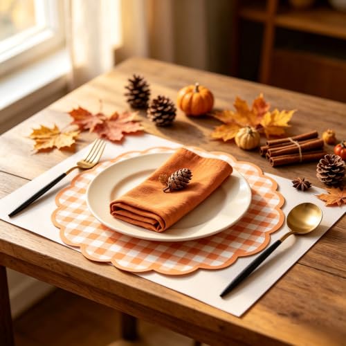 Orange Checkered Gingham Paper Placemats - Disposable Fall Table Decor, 60 Pcs