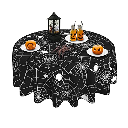 Halloween Round Tablecloth 60 Inch Spider Web Black - Festive Table Cover