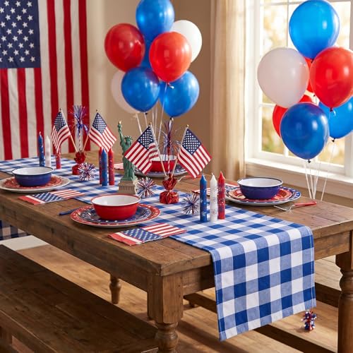 Blue Plaid Table Runner 13x108 Inch Set of 4 Buffalo Check Holiday Decor - White & Blue