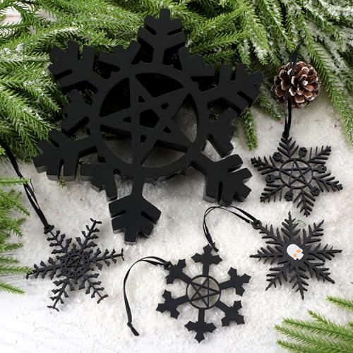 Gothic Christmas Tree Topper Set with Black Snowflake Ornaments - 17 Pieces