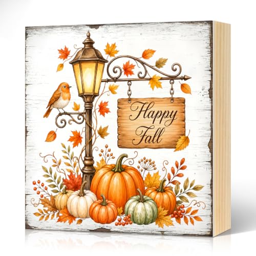 Happy Fall Harvest Pumpkins Wooden Block Plaque Sign - White089