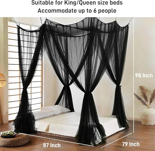 4-Corner Gothic Bed Canopy Mosquito Net for Full Queen King Size - Black, 78.7W x 98.4L