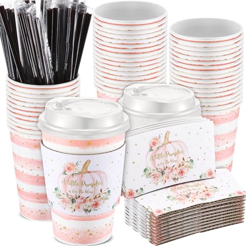 Pink Pumpkin Coffee Cups Set 50 Pieces 12oz Fall Party Drinkware with Lids & Sleeves