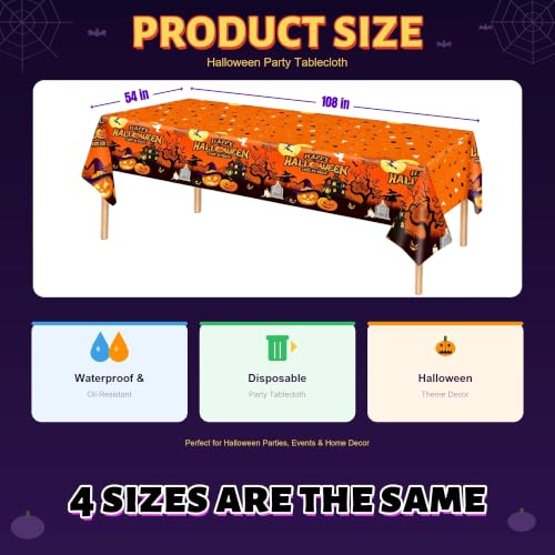 Halloween Tablecloth Set 4 Pack 54x108 Inch Spider Web Pumpkin Bat Designs - Party Decor