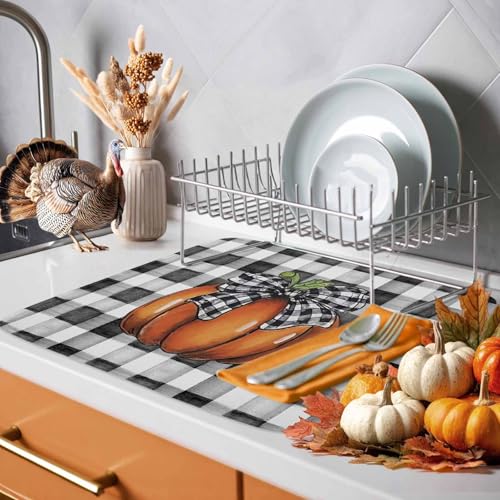Fall Dish Drying Mat Orange Pumpkin Thanksgiving Kitchen Counter 18x24 Black Orange