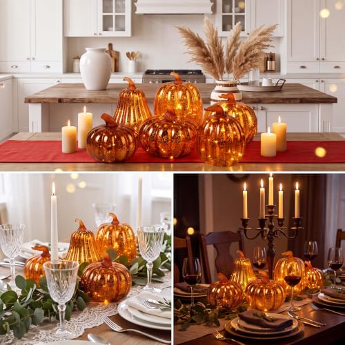 Glass Pumpkin Lights Set - 6 Orange Gold Mercury Glass Decor with Timer
