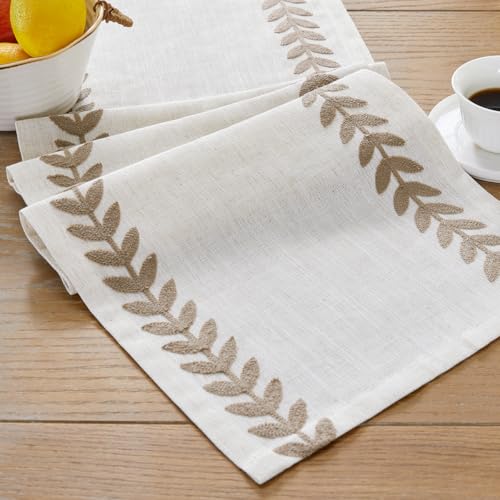 Taupe Linen Embroidered Table Runner 13x90 Inches - Elegant Dining Decor