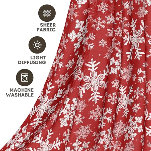 Christmas Sheer Curtains 2Pcs 52x63in Snow Red Foil Window Decor - Horaldaily