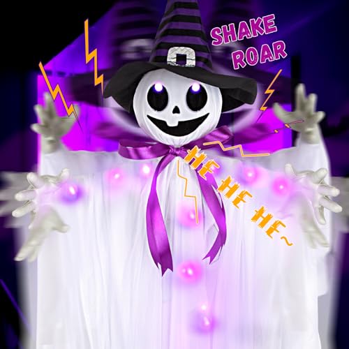 55-Inch Halloween Hanging Ghost with Witch Hat & LED Lights - Animated Spooky Decor