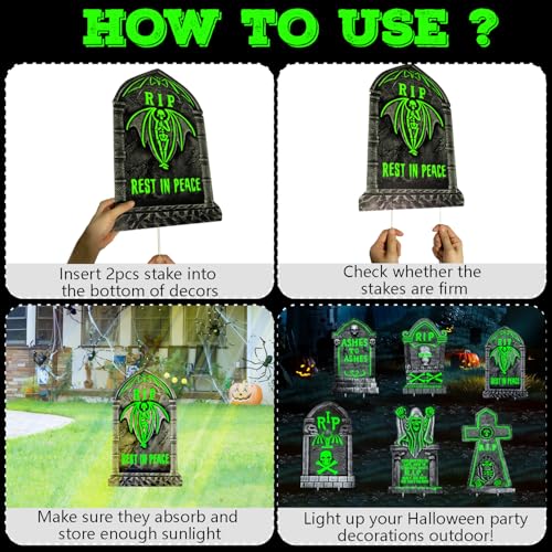16.5x10 Inch Glow in The Dark Tombstones Decorations - Waterproof Grave Markers with Stakes - 6 Pack Halloween Cemetery Props