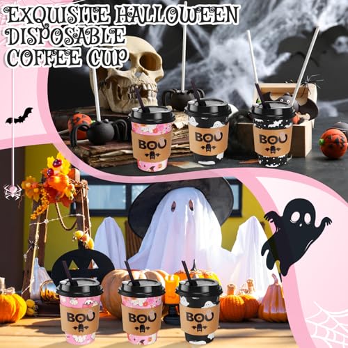 Halloween Disposable Coffee Cups with Lids, Straws & Sleeves - Cute Ghost Design - 12 oz - 100 Pack