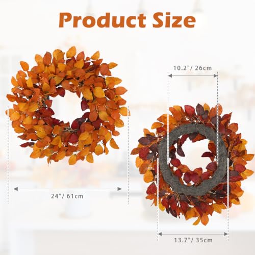 Artificial Fall Leaf Wreath - 24 Inch Autumn Decoration in Orange Yellow - Rustic Front Door Decor