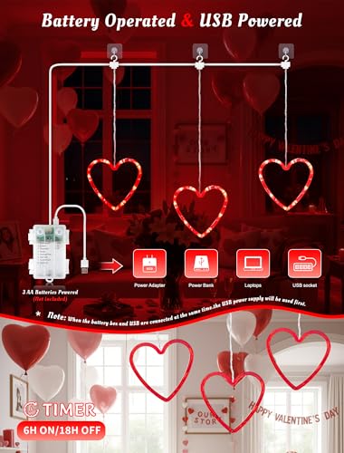 Valentine's Day Window Lights - Red Heart Silhouette LED String with Timer - Hearts Variation
