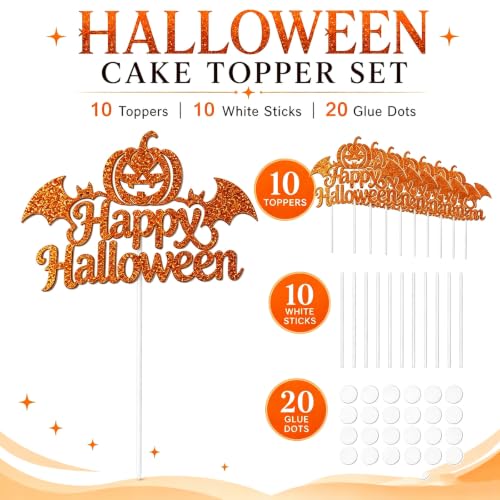 Halloween Cupcake Toppers Glitter Pumpkin Bat Cake Picks 10 Pack