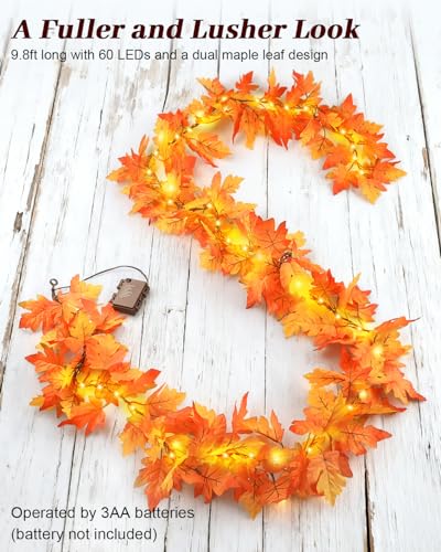9.8FT Fall Garland with 60 LED Lights - Battery Operated Maple Leaves, 8 Modes Indoor Outdoor Decor