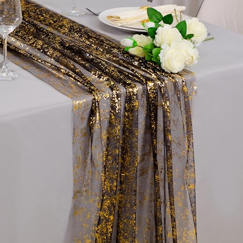 Black and Gold Cheesecloth Table Runner Set - 10FT 6 Pcs Sparkle Mesh for Party & Wedding