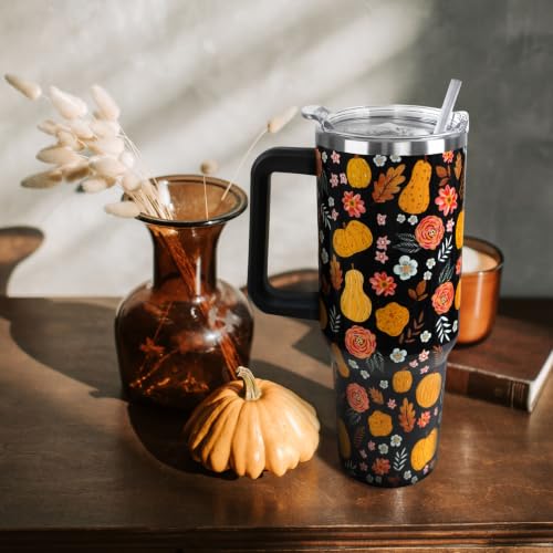 Fall Black Pumpkin Flower 40oz Tumbler with Handle - Halloween Decor Gift