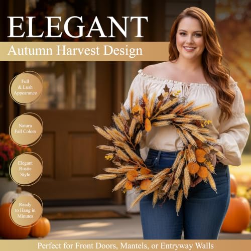 22-Inch Fall Wreath for Front Door with Wheat & Silk Leaves, Rustic Autumn Decor