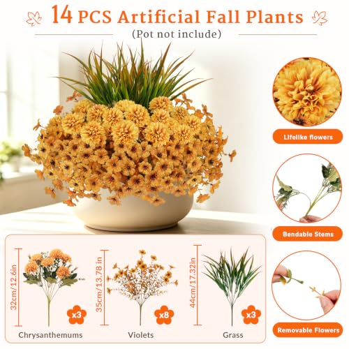Artificial Fall Flowers for Outdoors - UV Resistant Silk Mums & Chrysanthemums - Yellow & Grass Variation of THIS listing